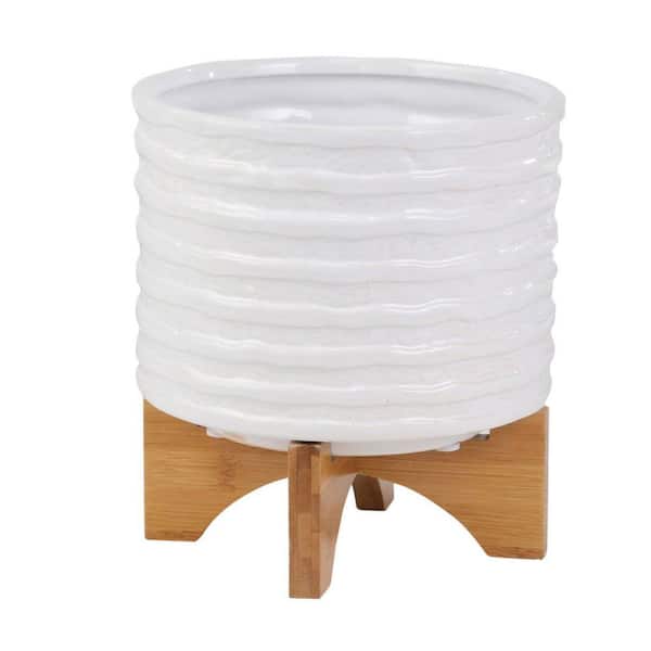 Benjara White and Brown Ceramic Stripe Pattern and Wooden Stand Planter