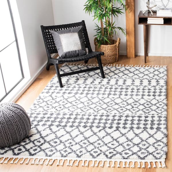 Berber Fringe Shag 5 ft. x 7 ft. Ivory/Dark Gray Geometric Striped Area Rug