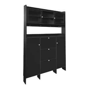 82 in. H x 55 in. W Black Shoe Storage Cabinet with 3-Flip Drawers, 4-Hooks and Tempered Glass Doors