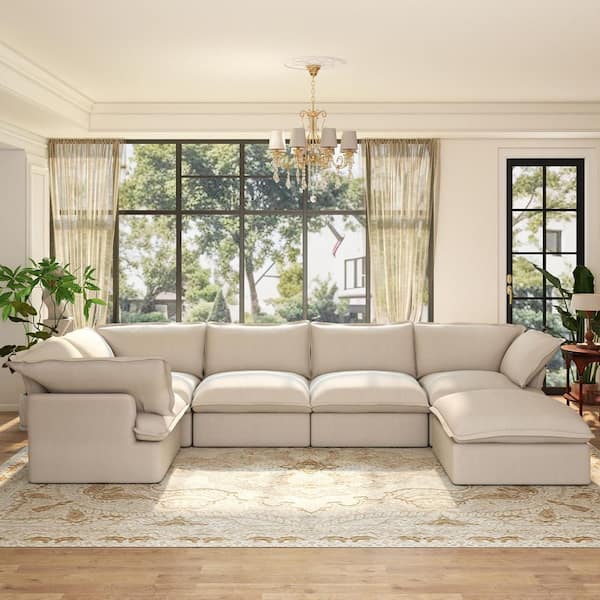 V-shaped 123 in. Flared Arm 6-Piece Down Filled Linen Modular Sectional Sofa Corner Cloud Couch with Ottoman in. Beige
