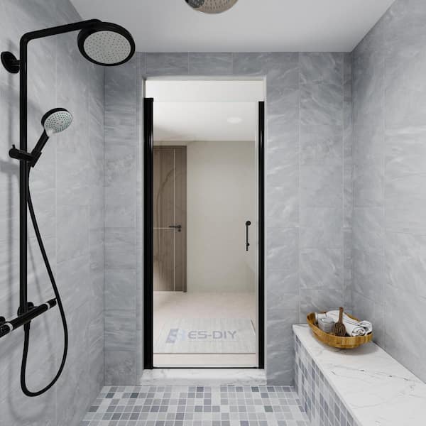 32-34 in. W x 72 in. H Frameless Pivot Shower Door in Black with Clear Glass