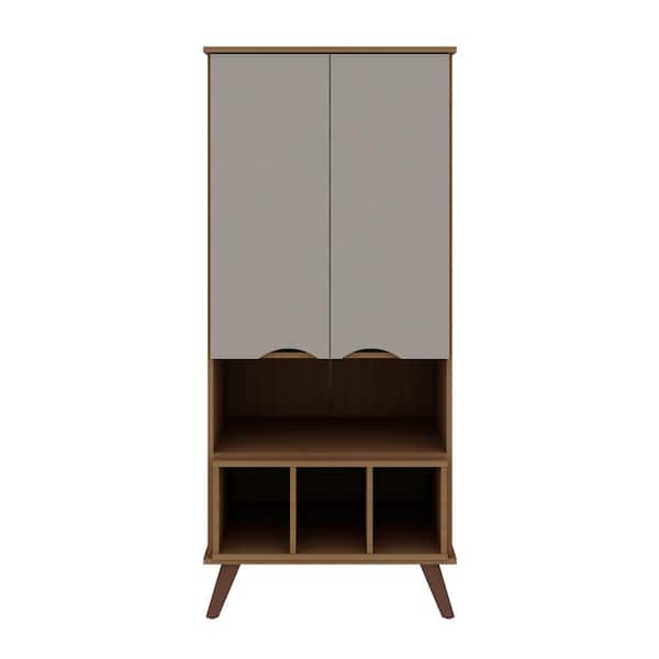 Manhattan Comfort Hampton Off White and Maple Cream 60.7 in. H Mid-Century Modern Display Accent Cabinet with 6 Shelves