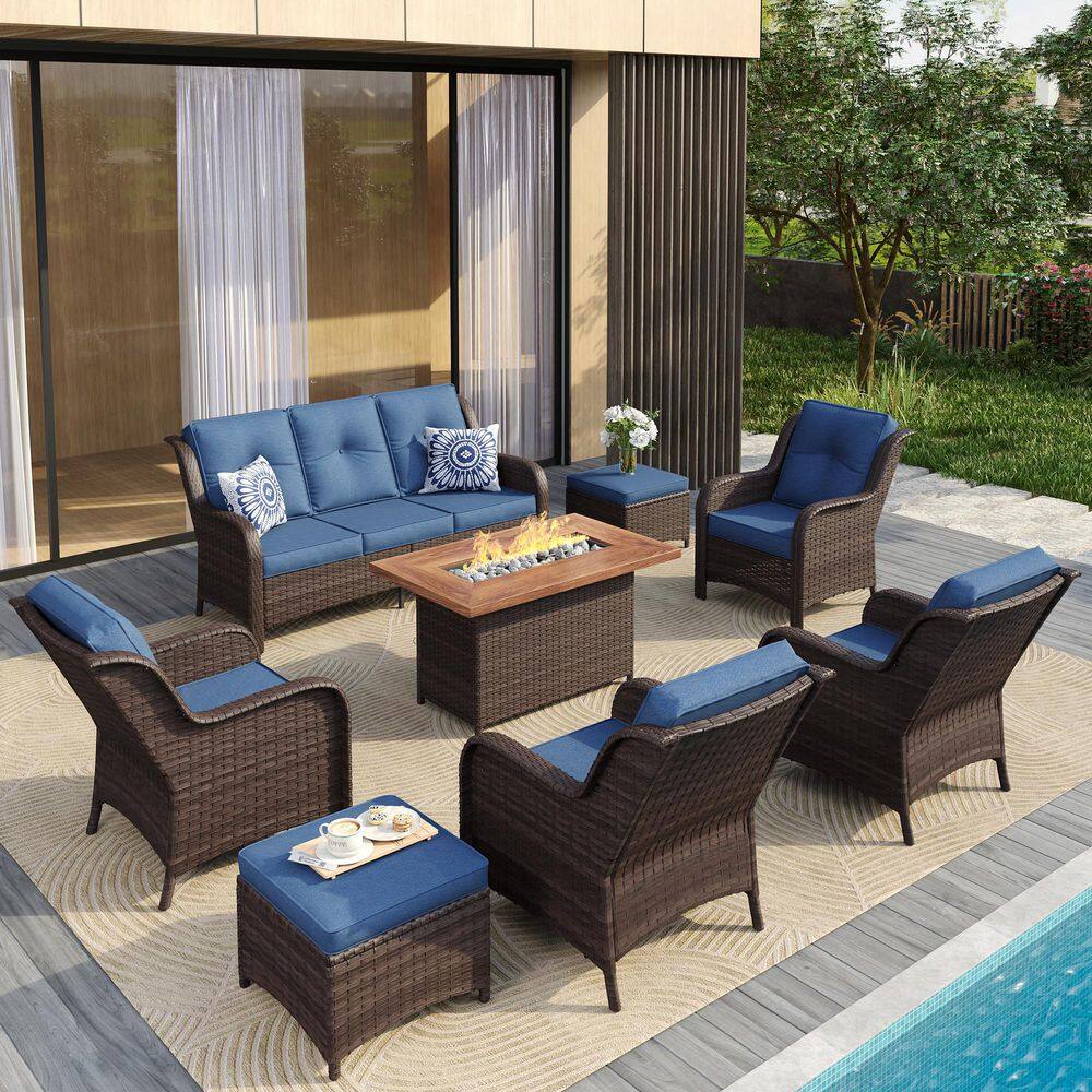 8-Piece Patio Conversation Set with Fire Pit Table, Sofa, Wicker Chairs, Ottomans and Washable Cushions in Blue price history on PriceWatchPro
