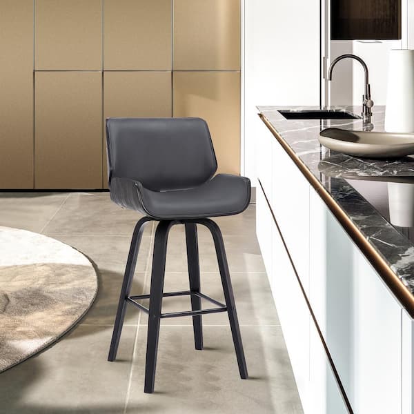 Armen Living Tyler 26 in. Gray/Black High Back Wood Swivel Counter Stool with Faux Leather