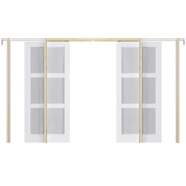 72 in. x 80 in. 3-Lite Frosted Glass White Primed MDF Pocket Sliding Door with Pocket Door Hardware Set and Soft Close