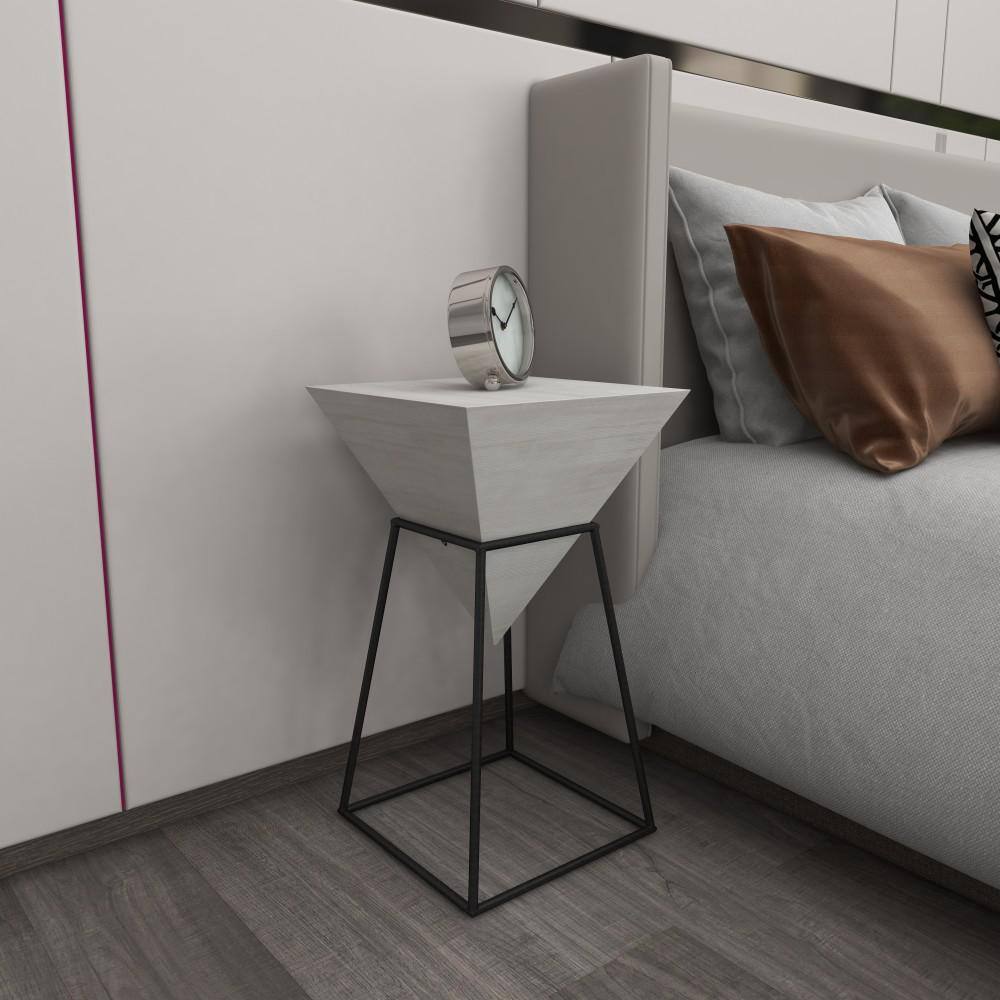 Triangular Wood and Metal Accent Table with White Top