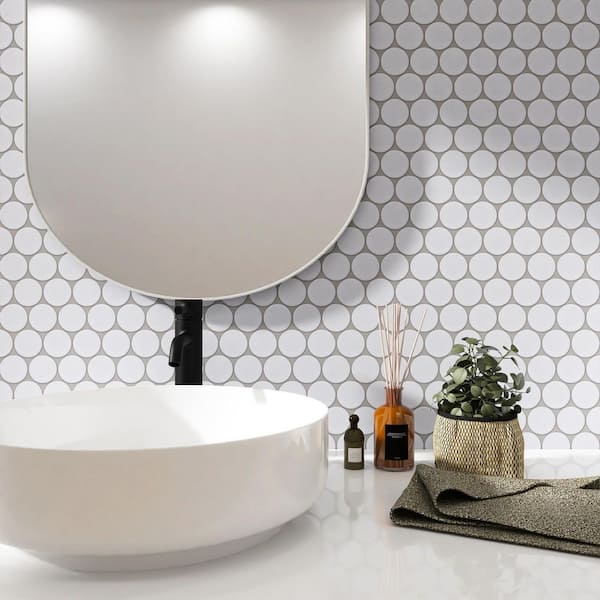 Porcetile White 11.82 in. x 10.5 in. Penny Matte Porcelain Mosaic Tile Sample