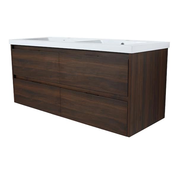FAMYYT 48 in. W x 18.3 in. D x 21.3 in. H Double Sink Floating Bath Vanity in Walnut with White Cultured Marble Top and Basin