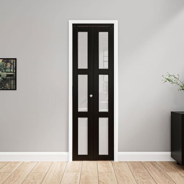 24 in. x 80 in. 3-Lite Tempered Frosted Glass Solid Core Dark Black MDF Bi-Fold Door with Hardware Kit