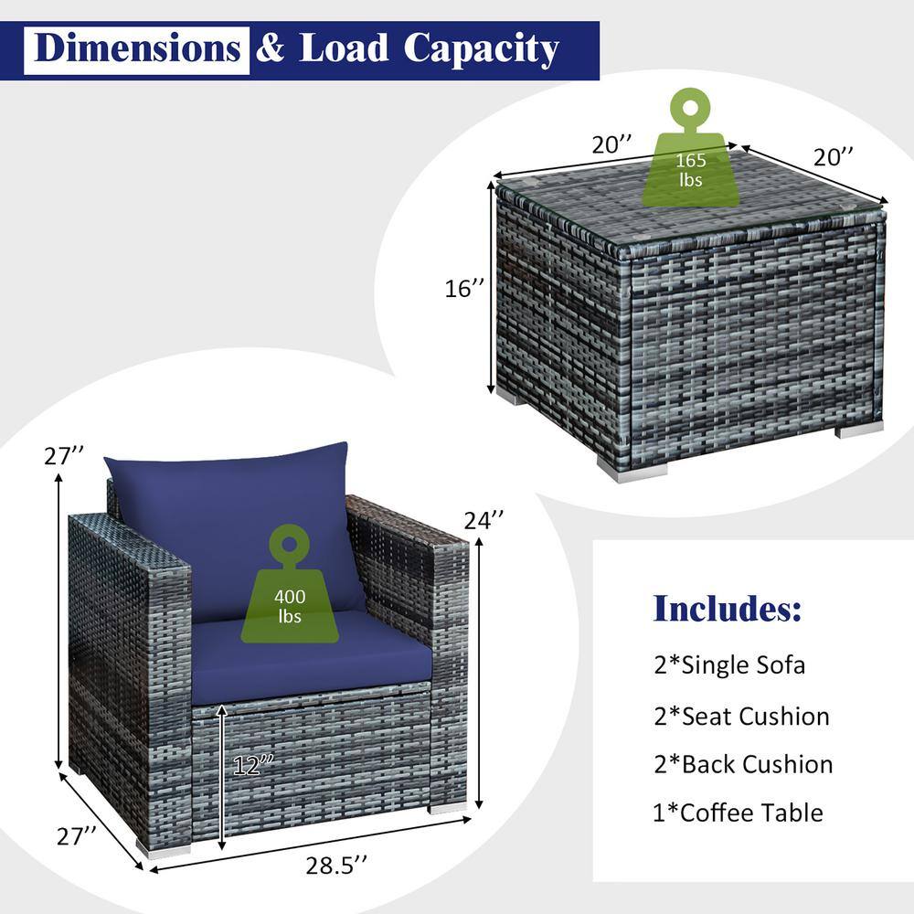 Costway  3-Piece Wicker Patio Rattan Furniture Outdoor Bistro Set with Navy Cushions Sofa Chair Table - 3