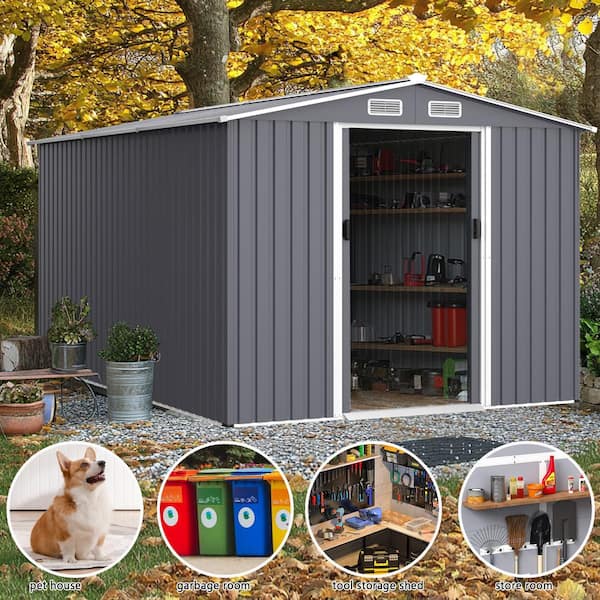 Misopily 8 ft. x 12 ft. Dark Gray Heavy Duty Metal Shed Tool with