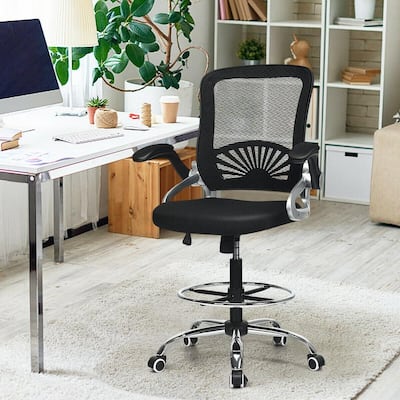 Adjustable Black Mesh Seat Swivel Drafting Chair with Flip-up Arms and Lumbar Support