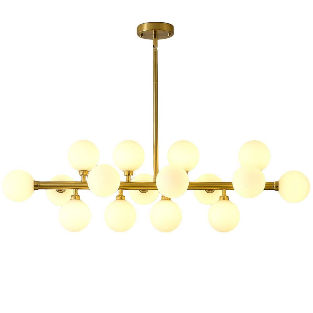 16-Lights Brass Mid Century Modern Chandelier Over Table, Globe Sputnik Pen