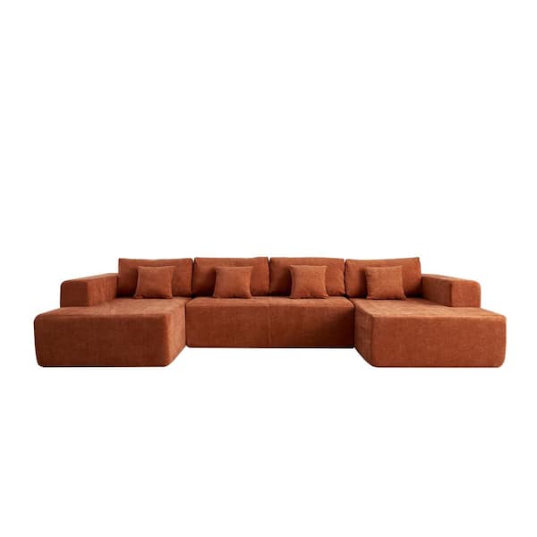 Z-joyee 137.79 in Wide Square Arm Chenille U-Shaped Modern Upholstered Sofa in Orange with 4-Pillows