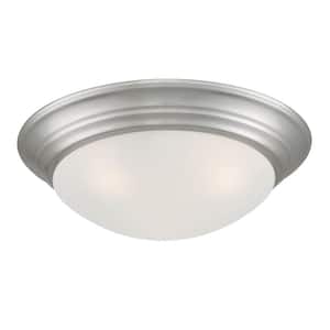 14 in. Tap 2-Light Brushed Nickel Ceiling Light Flush Mount with Etched Glass Shade