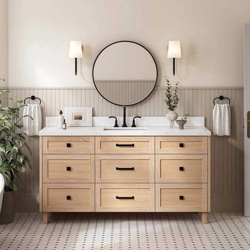 Monroe 66" Light Oak Freestanding Vanity Cabinet with Black Hardware