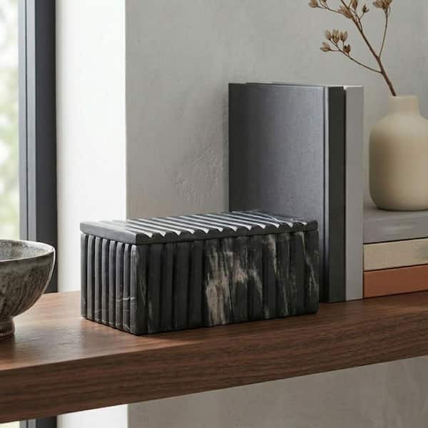 Black 7 in. x 3 in. Marble Decorative Rectangular Ridged Box with Removeable Lid