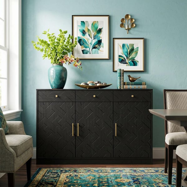 FUFU&GAGA Black 32.3 in. H Accent Storage Cabinet with Geometric