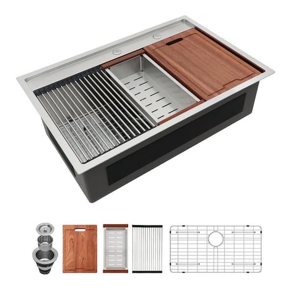 Sarlai 33 in. Drop-In/Topmount Single Bowl 16-Gauge Stainless Steel Workstation Kitchen Sink with Drainer Assembly