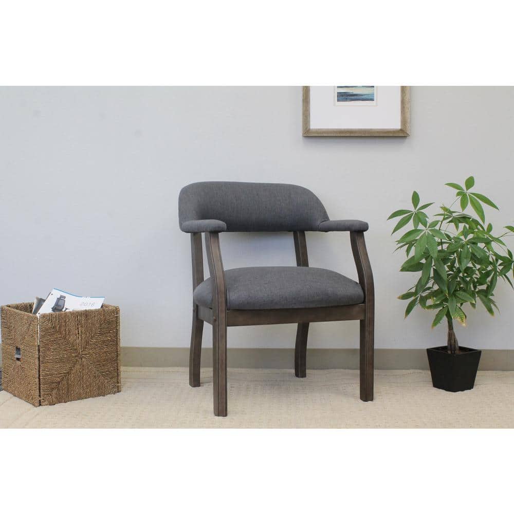 Gray Fabric Traditional Captains Chair with Driftwood Fnish Padded Arms