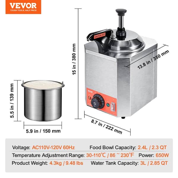 VEVOR Electric Cheese Dispenser with Pump 2.3 qt. Commercial Hot Fudge Warmer Stainless Steel Heated Pump Dispenser
