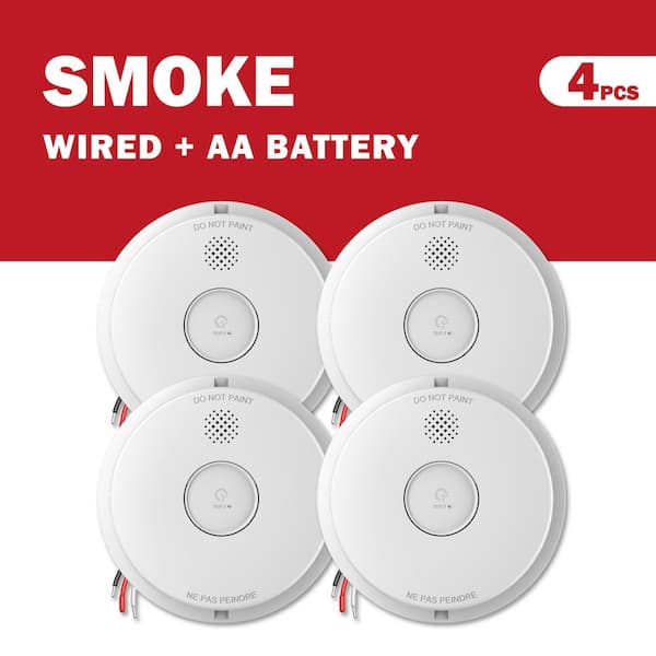 Hardwired Interconnected Smoke Detector, AC Smoke Alarm with DC 9V Backup Battery, ETL-9th Listed Fire Alarm, 4 Packs