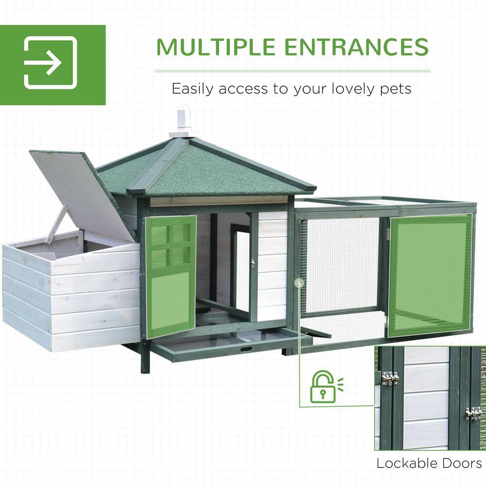 Green and White Wooden Chicken Coop with Nesting Box and Run