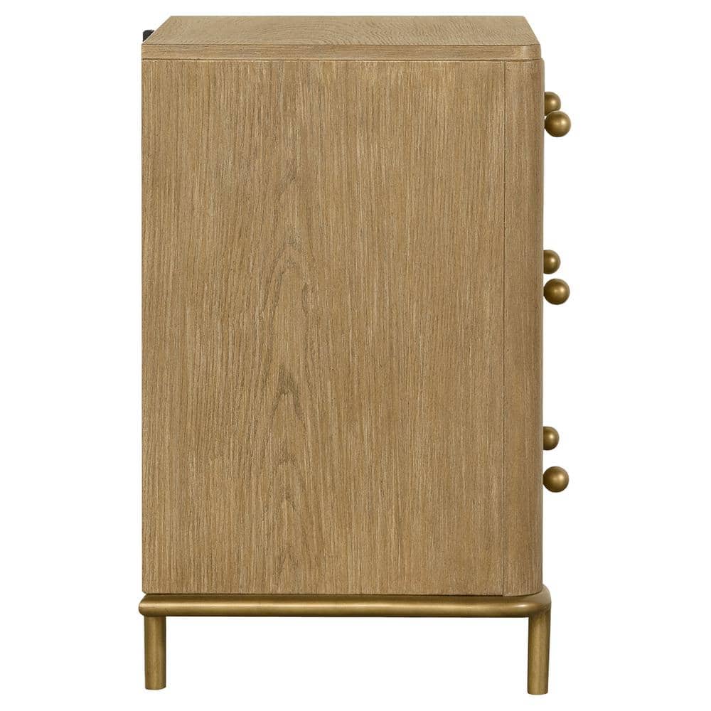 Arini Sand Wash 3-Drawer Nightstand with Brass Knobs