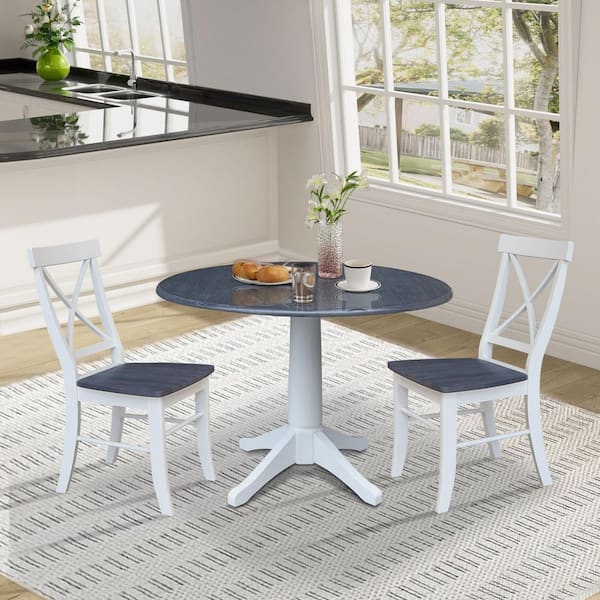 Olivia White/Heather Gray Solid Wood 42 in. Drop-Leaf Pedestal Dining Table Seats 4