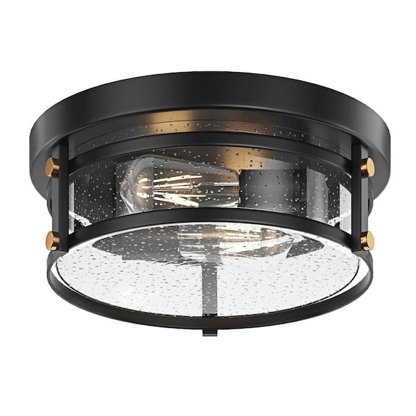 aiwen Industrial 13.77 in. 2-Light Black Farmhouse Flush Mount Ceiling Light with Seeded Glass Shade