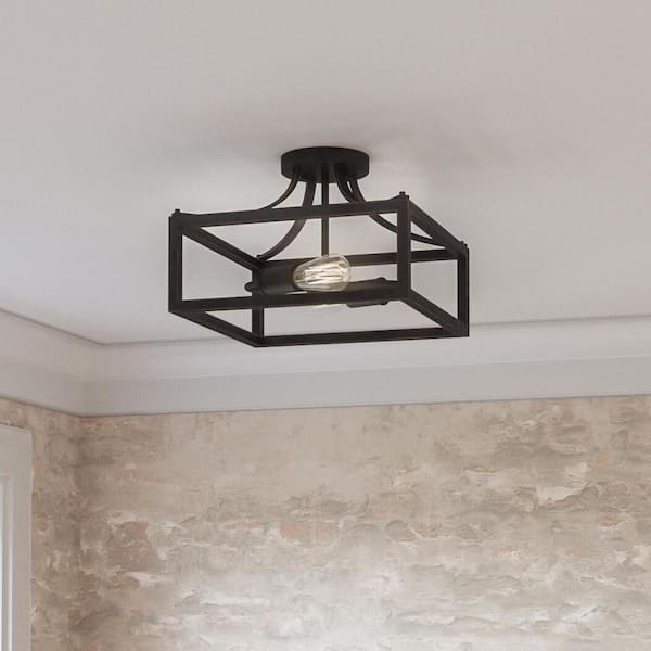 Boswell Quarter 12-1/2 in. 2-Light Distressed Black Farmhouse Open Cage Semi-Flush Mount Ceiling Light