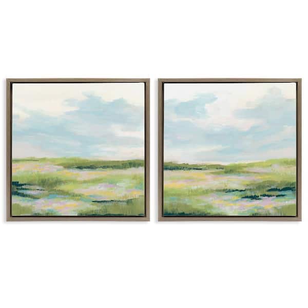 Pastel Meadow under Blue Sky by June Erica Vess 2 Pieces Brown Floater Frame Nature Graphic Art Print 25 in. x 25 in.