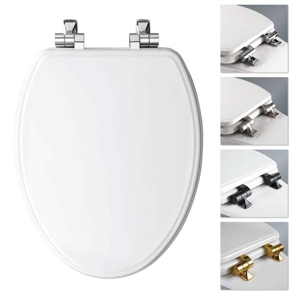 Weston Elongated Soft Close Enameled Wood Closed Front Toilet Seat in White Never Loosens Chrome Metal Hinge