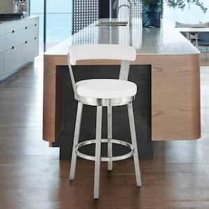 Bryant 30 in. White/Brushed Stainless Steel High Back Metal Bar Stool with Faux Leather Seat