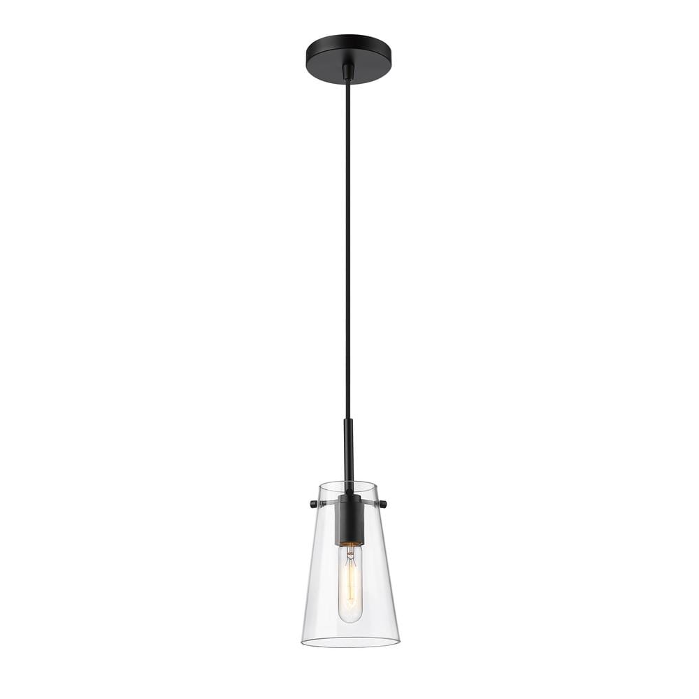 Kira 5 in. 1-Light Matte Black Shaded Pendant Light with Clear Glass Shade,