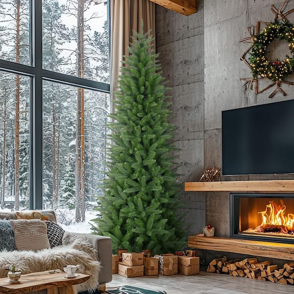 9 ft. Pre-Lit Winter Falls Slim-Silhouette Artificial Christmas Tree with Warm White LED Lights and EZ Connect