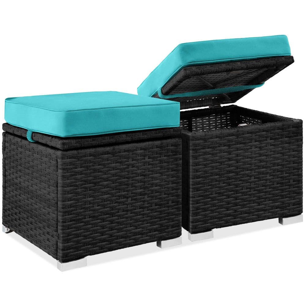 Black Wicker Outdoor Ottoman, Multipurpose Outdoor Patio Furniture with Removable Teal Cushions (2-Pack)