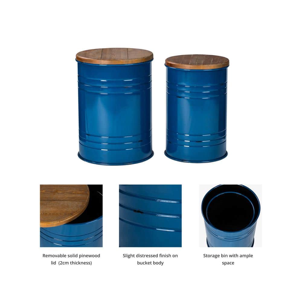 Hunter Green Round Metal & Wood Storage Accent Table Set