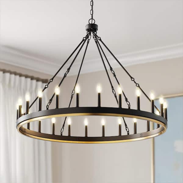 47 in. 24-Light Large Black Farmhouse Wagon Wheel Chandelier, Round Industrial Pendant Light for high Ceilings
