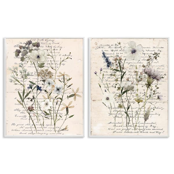 Stupell Industries Vintage Letters with Botanicals by Carol Robinson 2 Pieces White Framed Nature Giclee Art Print 30 in. x 24 in.