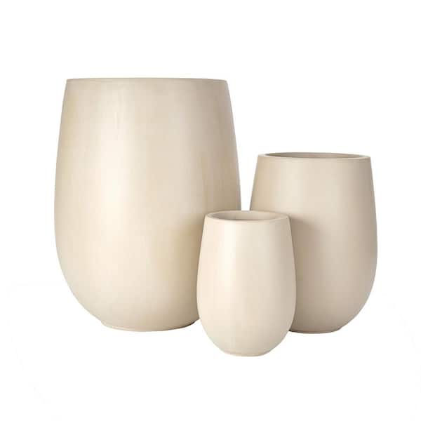 Foxhill 15.6 in. Dia Beige MGO Round Lightweight Concrete Outdoor Planter Flower Pots with Drainage Holes, Set of 3
