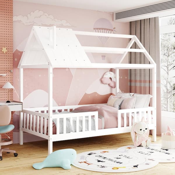 ANBAZAR White Twin Size Kids House Bed Platform Bed with Roof and
