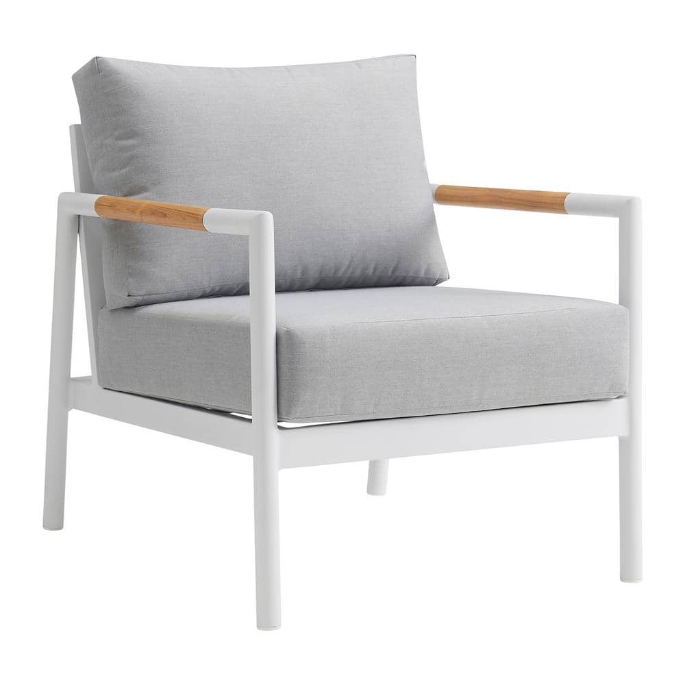Crown White Aluminum and Teak Wood Outdoor Lounge Chair with Gray Cushion