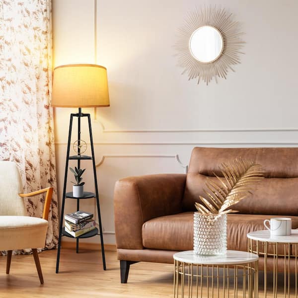 BICIK 60.7 in. Black Tripod Floor Lamp with White Linen Texture