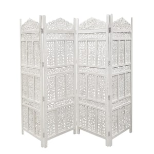 Aesthetically Carved Distressed White 4-Panel Wooden Partition Screen/Room Divider