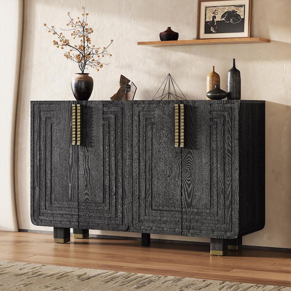 Relief Design Black Wood 54 in. Sideboard with Gold Wave Handles and Adjustable Shelves