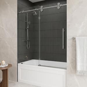Elan 56 to 60 in. W x 66 in. H Sliding Frameless Tub Door in Stainless Steel with 3/8 in. (10mm) Clear Glass