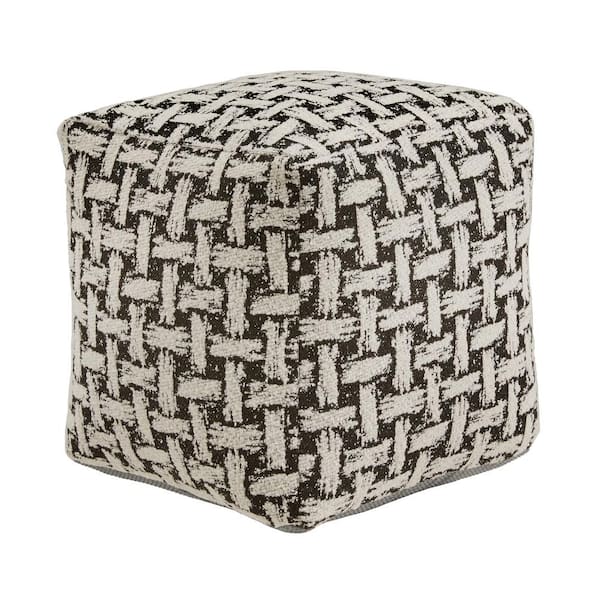 Black and White Weaved Pattern Fabric Upholstered Square Pouf Ottoman
