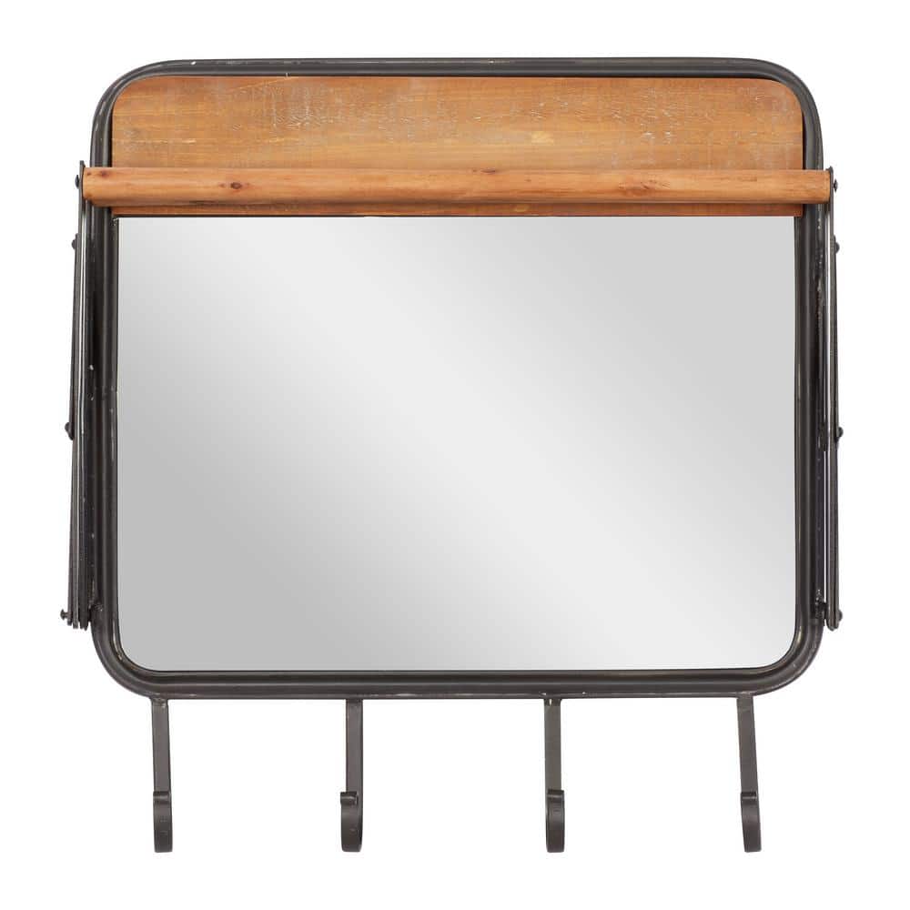 Industrial Brown Metal and Wood Wall Hook with Mirror