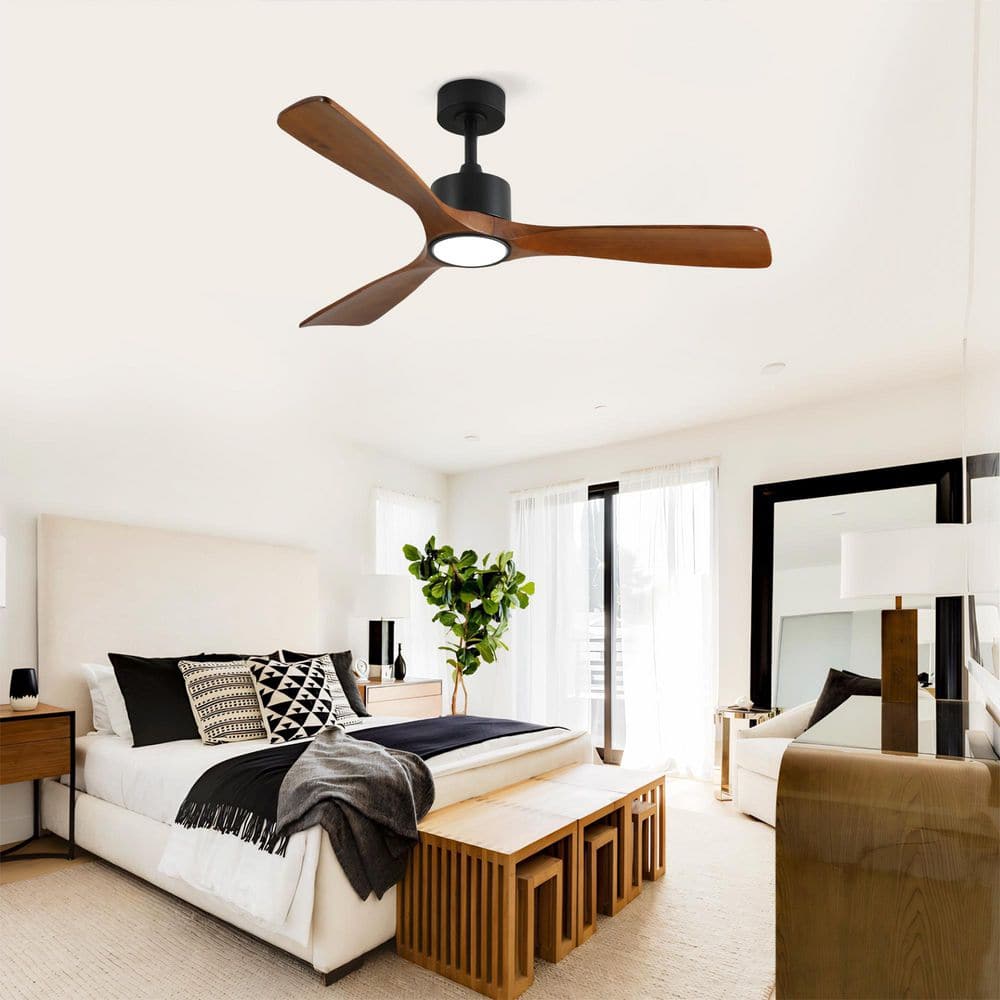 52 in. Black 3 Solid Wood Blades Downrod Standard Ceiling Fan With LED Light and Remote Included for Living Room price history on PriceWatchPro
